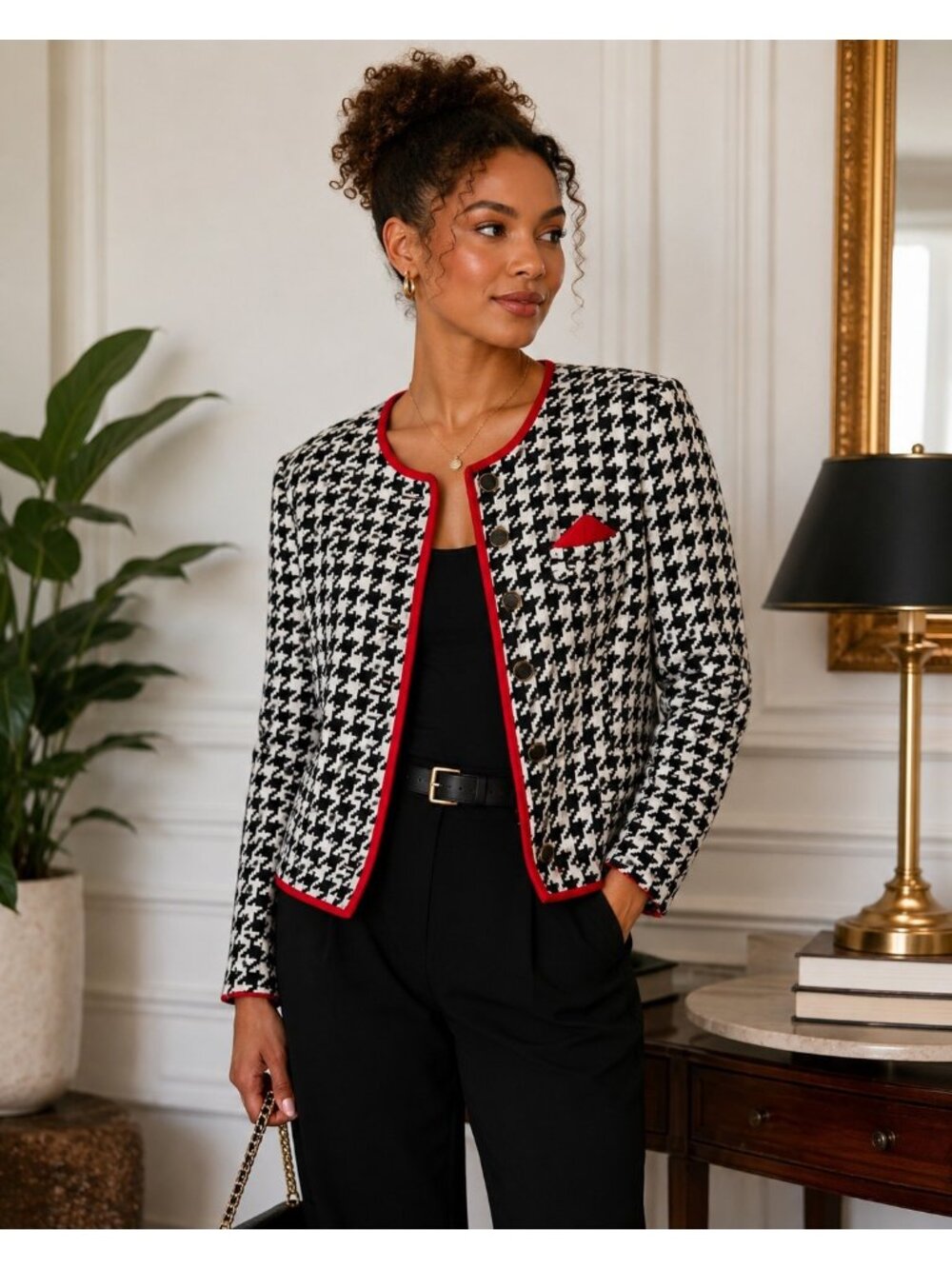 Vintage A.S. Elliott Houndstooth Jacket L Black White Red Trim Preppy Made USA